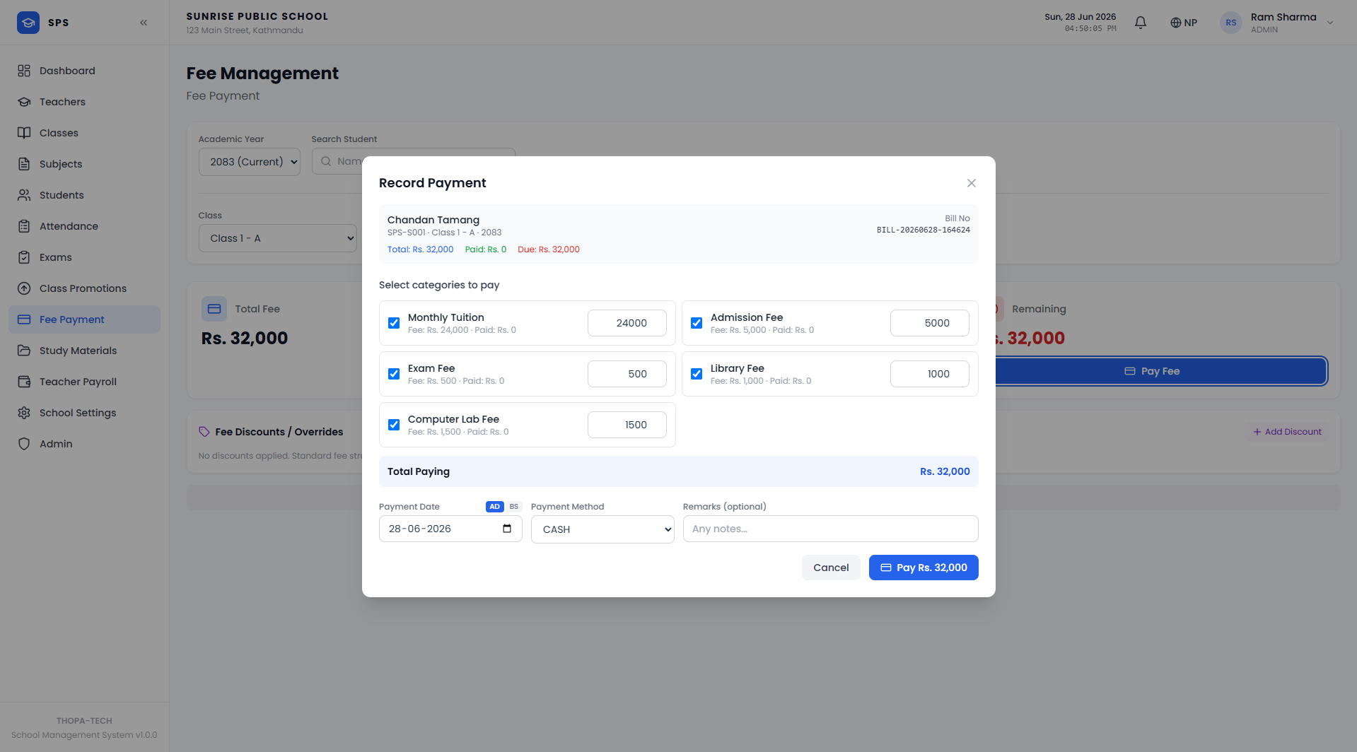 Student payment recording screen with fee details